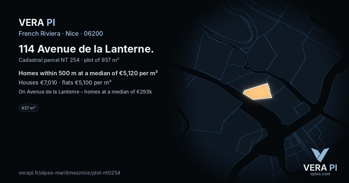 114 Avenue de la Lanterne, Nice at night – the plot lit, the parcels around coloured by the prices near them
