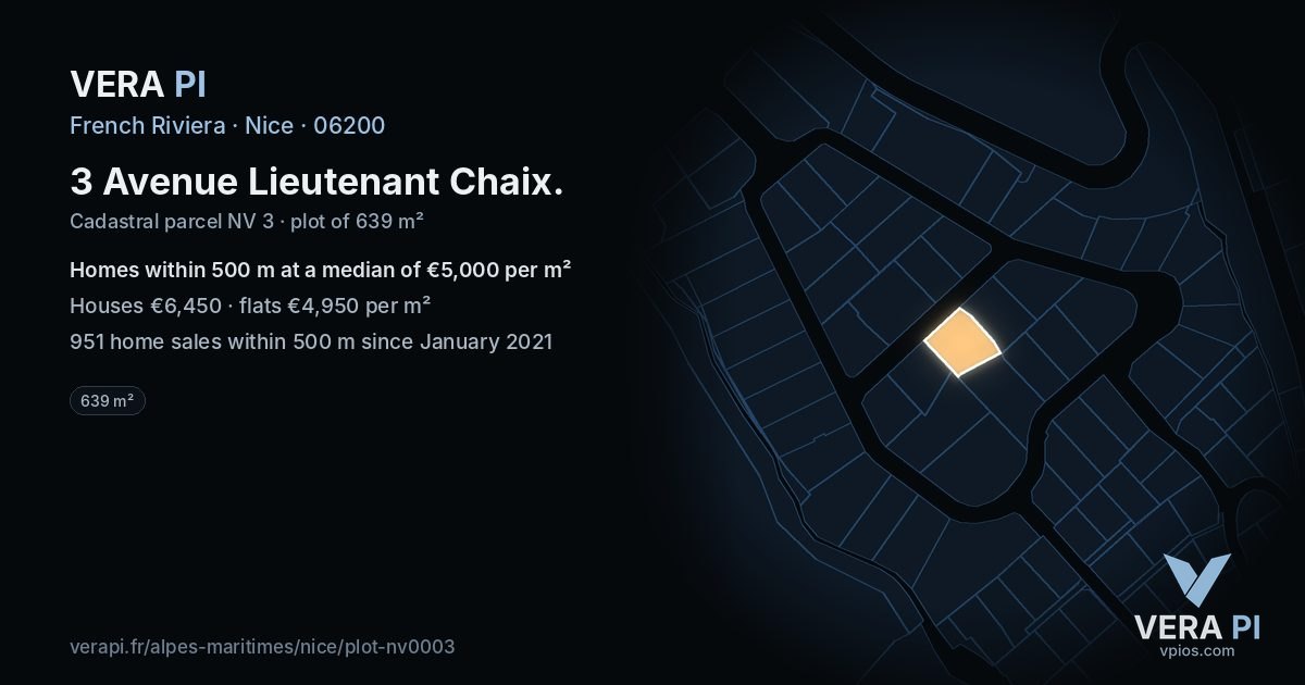3 Avenue Lieutenant Chaix, Nice at night – the plot lit, the parcels around coloured by the prices near them