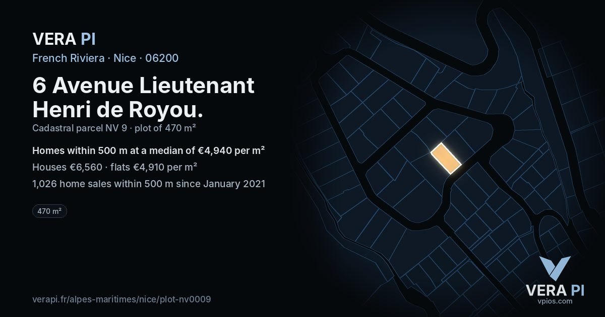 6 Avenue Lieutenant Henri de Royou, Nice at night – the plot lit, the parcels around coloured by the prices near them