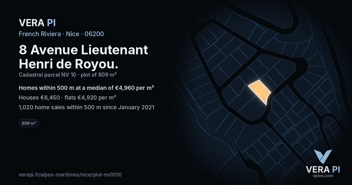 8 Avenue Lieutenant Henri de Royou, Nice at night – the plot lit, the parcels around coloured by the prices near them