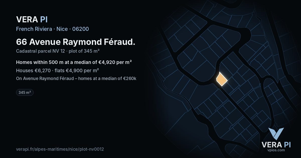 66 Avenue Raymond Féraud, Nice at night – the plot lit, the parcels around coloured by the prices near them