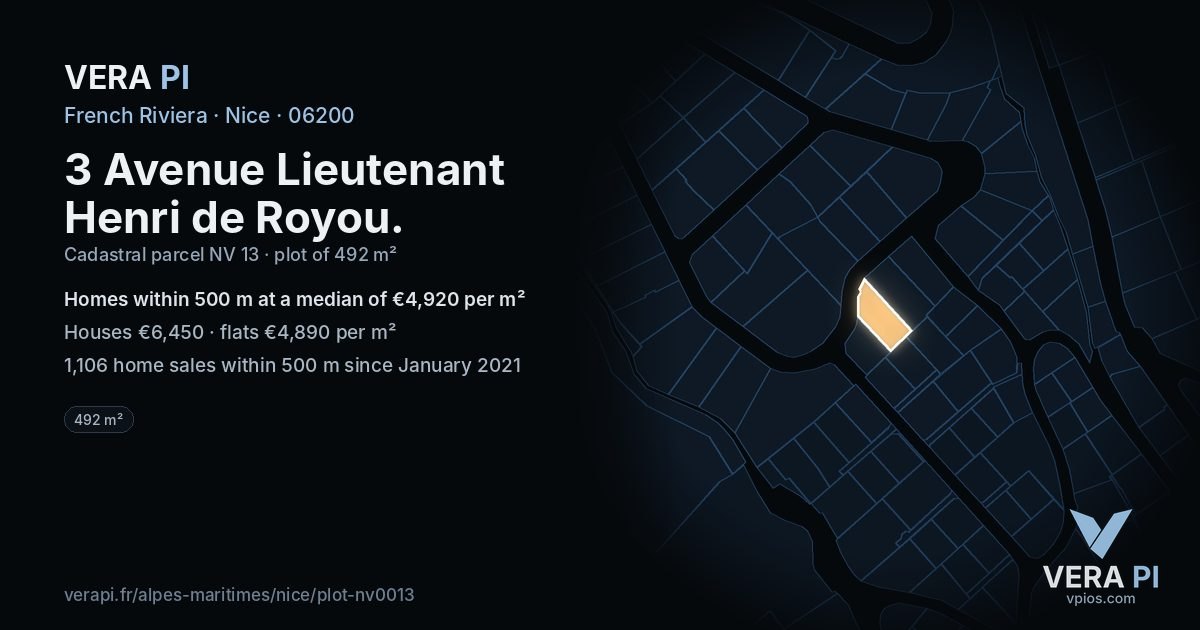 3 Avenue Lieutenant Henri de Royou, Nice at night – the plot lit, the parcels around coloured by the prices near them