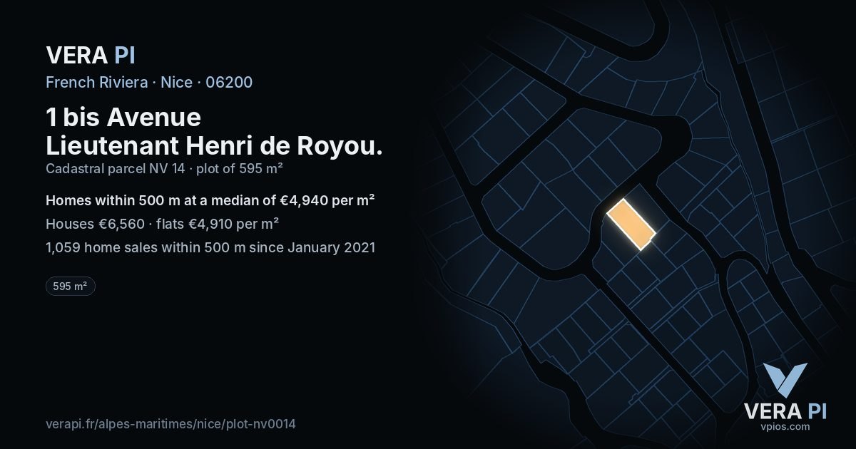 1 bis Avenue Lieutenant Henri de Royou, Nice at night – the plot lit, the parcels around coloured by the prices near them