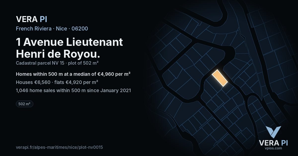 1 Avenue Lieutenant Henri de Royou, Nice at night – the plot lit, the parcels around coloured by the prices near them