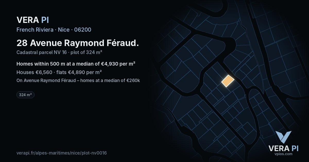 28 Avenue Raymond Féraud, Nice at night – the plot lit, the parcels around coloured by the prices near them