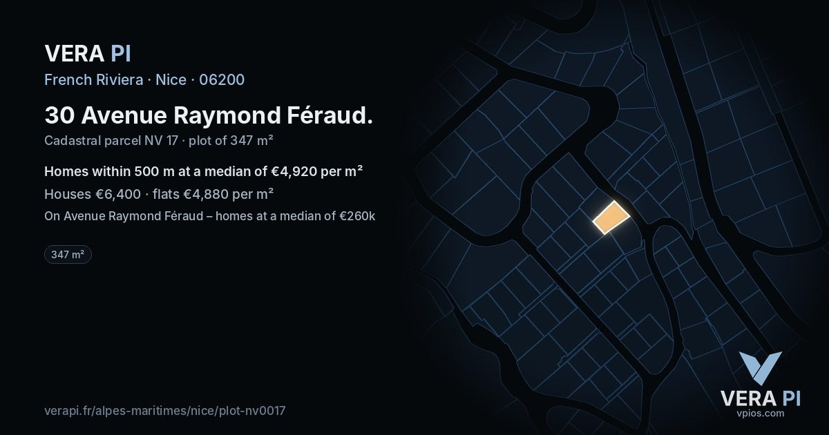 30 Avenue Raymond Féraud, Nice at night – the plot lit, the parcels around coloured by the prices near them