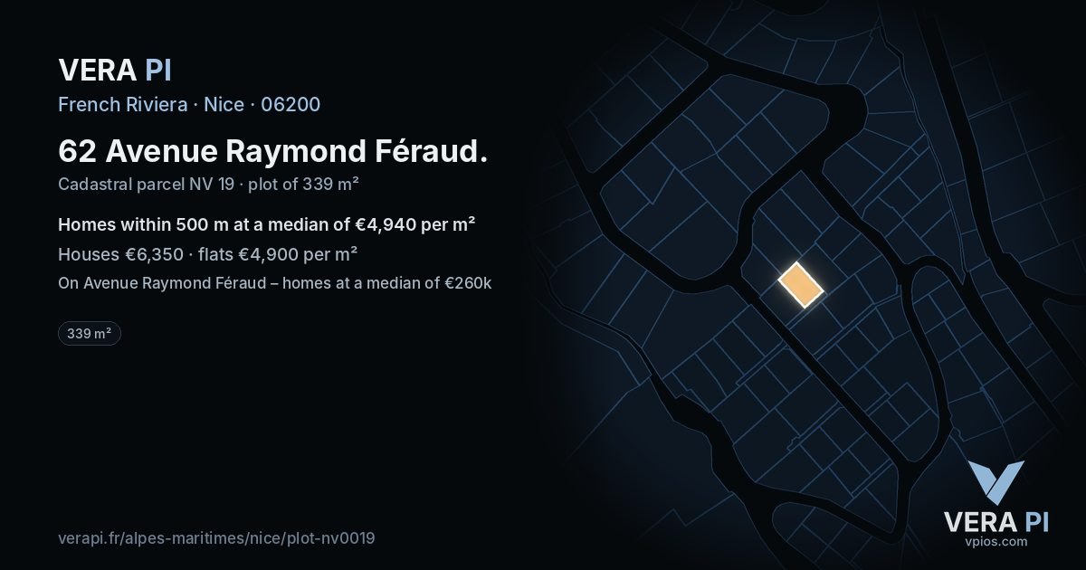 62 Avenue Raymond Féraud, Nice at night – the plot lit, the parcels around coloured by the prices near them