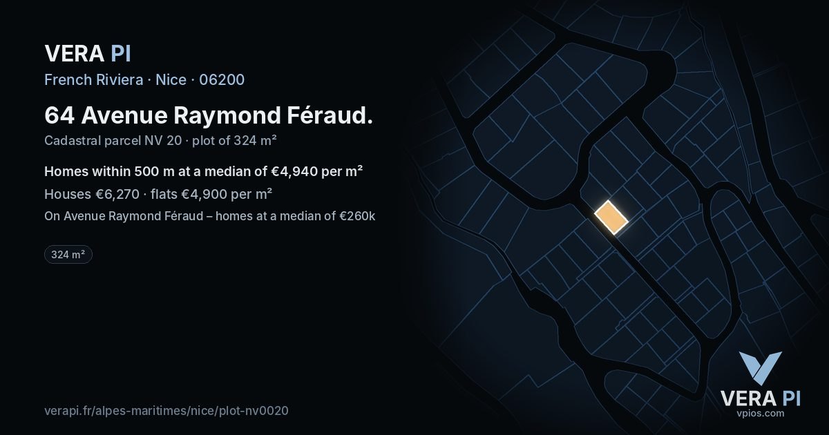 64 Avenue Raymond Féraud, Nice at night – the plot lit, the parcels around coloured by the prices near them