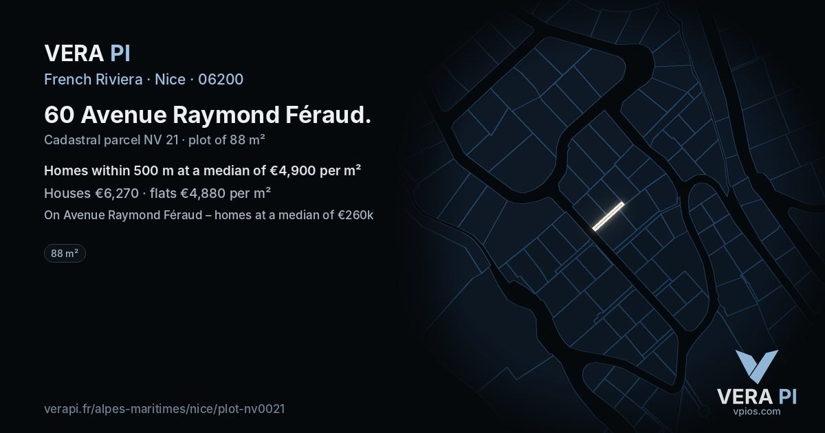60 Avenue Raymond Féraud, Nice at night – the plot lit, the parcels around coloured by the prices near them