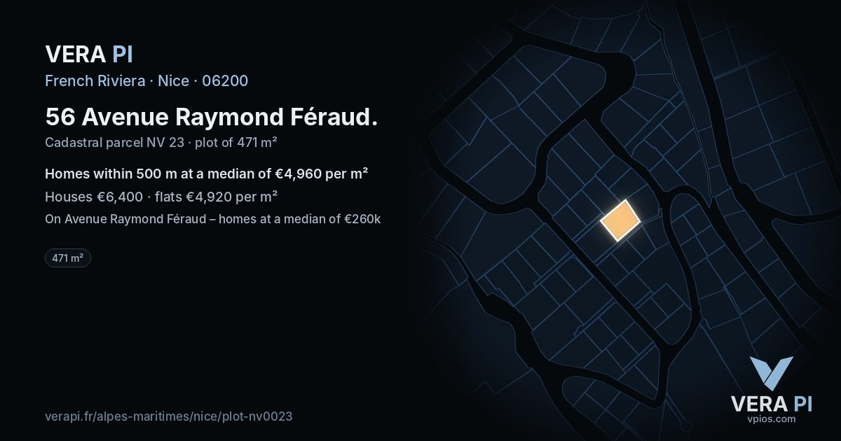56 Avenue Raymond Féraud, Nice at night – the plot lit, the parcels around coloured by the prices near them