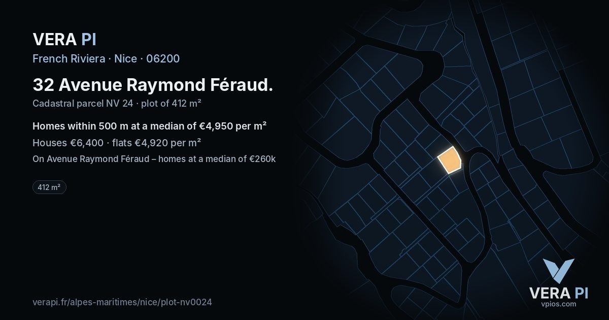 32 Avenue Raymond Féraud, Nice at night – the plot lit, the parcels around coloured by the prices near them