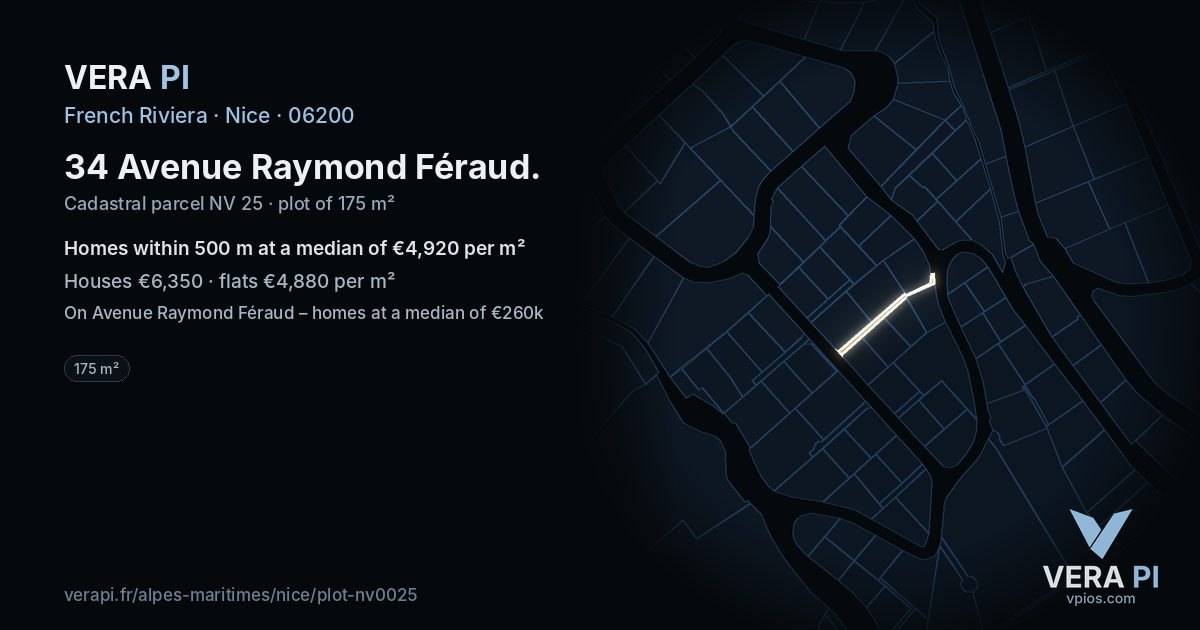 34 Avenue Raymond Féraud, Nice at night – the plot lit, the parcels around coloured by the prices near them