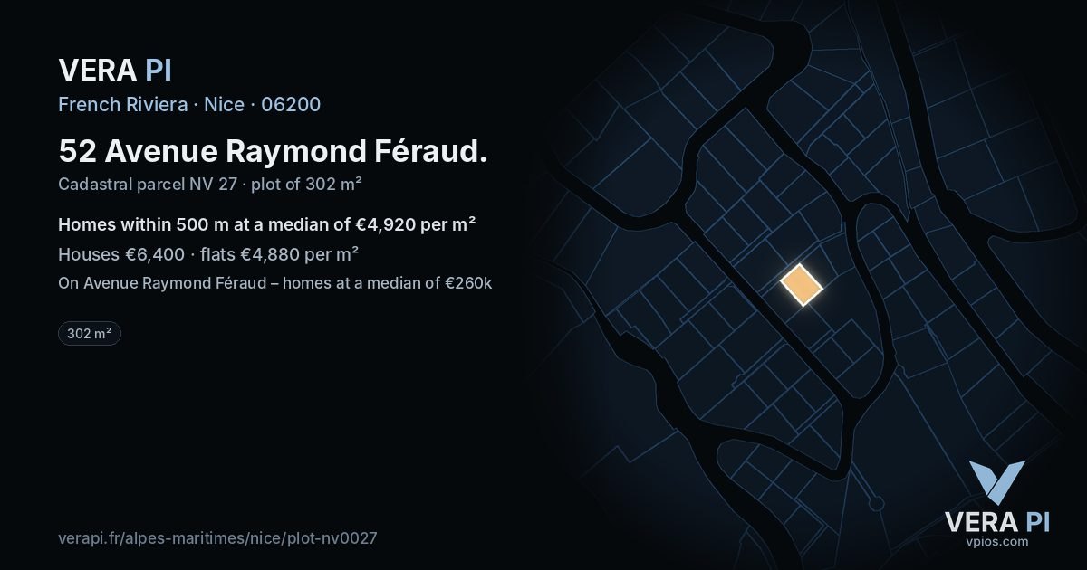 52 Avenue Raymond Féraud, Nice at night – the plot lit, the parcels around coloured by the prices near them