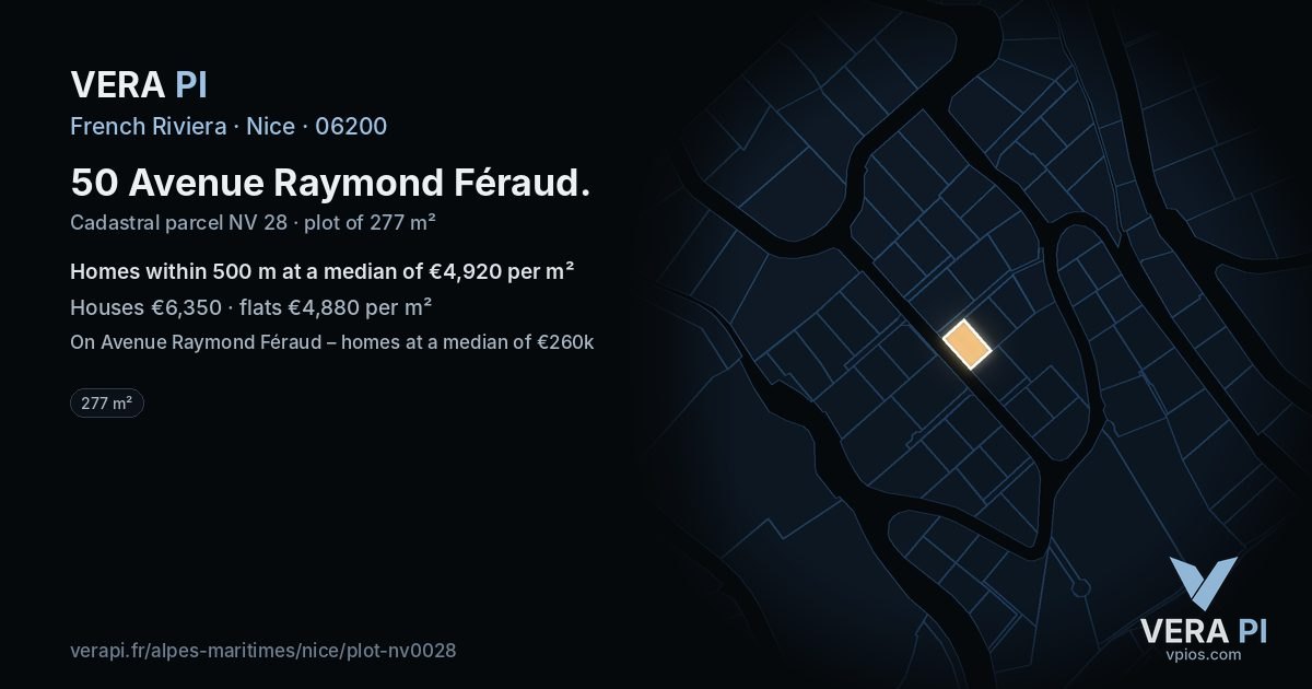 50 Avenue Raymond Féraud, Nice at night – the plot lit, the parcels around coloured by the prices near them