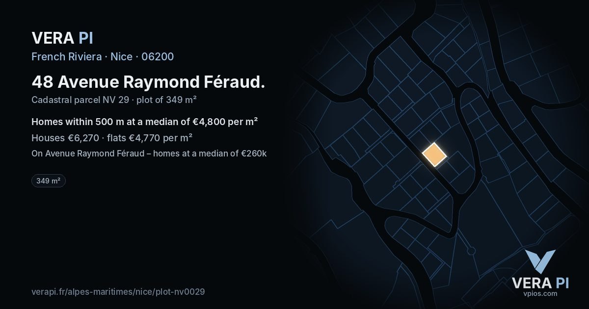 48 Avenue Raymond Féraud, Nice at night – the plot lit, the parcels around coloured by the prices near them