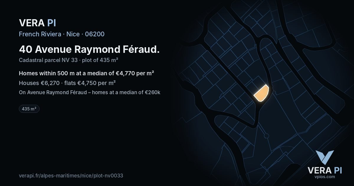 40 Avenue Raymond Féraud, Nice at night – the plot lit, the parcels around coloured by the prices near them