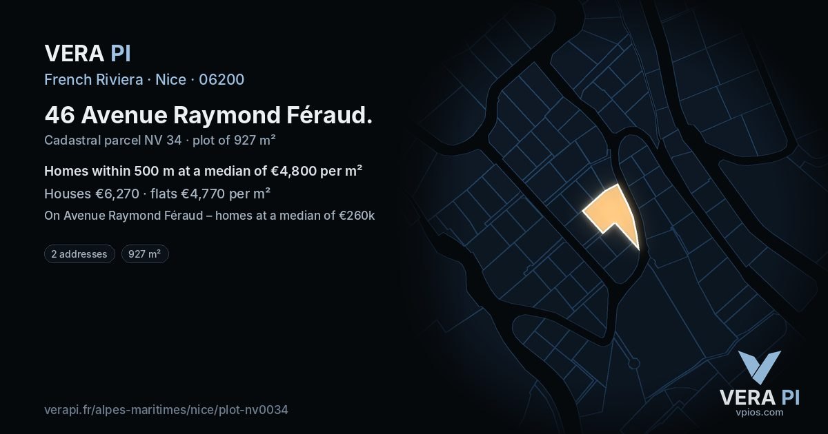 46 Avenue Raymond Féraud, Nice at night – the plot lit, the parcels around coloured by the prices near them