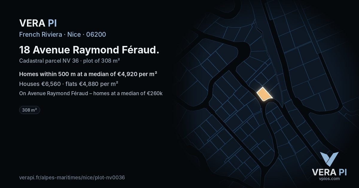 18 Avenue Raymond Féraud, Nice at night – the plot lit, the parcels around coloured by the prices near them