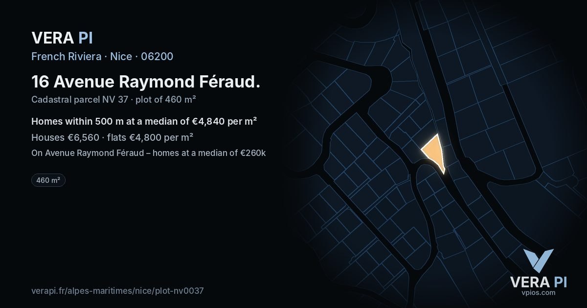 16 Avenue Raymond Féraud, Nice at night – the plot lit, the parcels around coloured by the prices near them