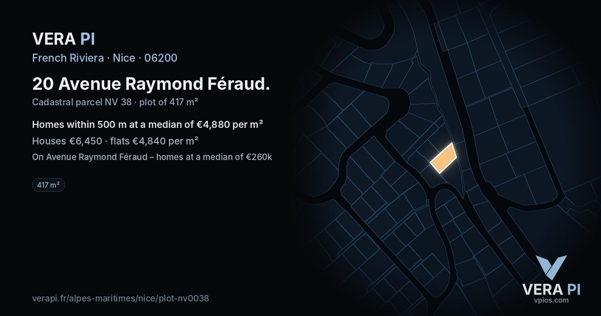 20 Avenue Raymond Féraud, Nice at night – the plot lit, the parcels around coloured by the prices near them