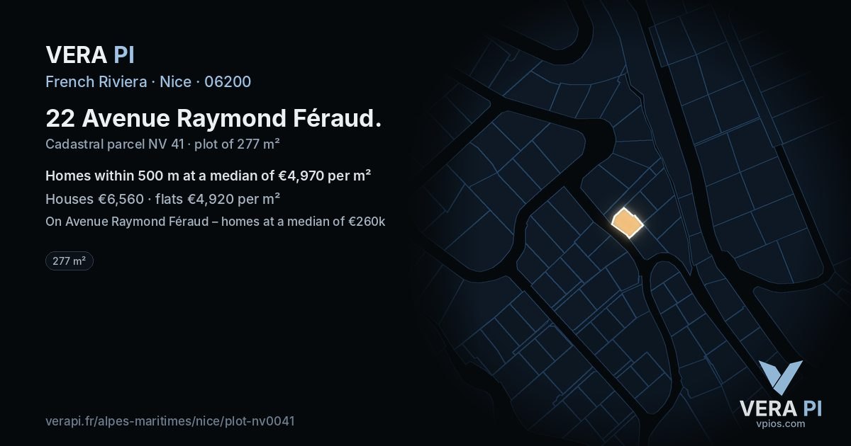 22 Avenue Raymond Féraud, Nice at night – the plot lit, the parcels around coloured by the prices near them