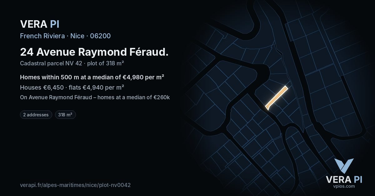 24 Avenue Raymond Féraud, Nice at night – the plot lit, the parcels around coloured by the prices near them