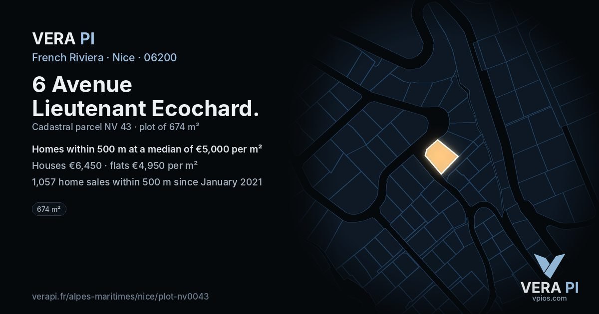 6 Avenue Lieutenant Ecochard, Nice at night – the plot lit, the parcels around coloured by the prices near them