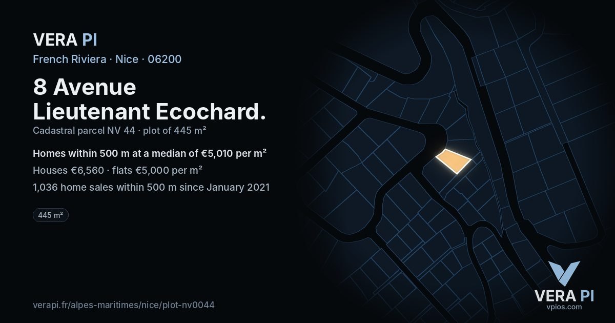 8 Avenue Lieutenant Ecochard, Nice at night – the plot lit, the parcels around coloured by the prices near them