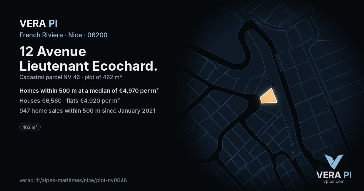 12 Avenue Lieutenant Ecochard, Nice at night – the plot lit, the parcels around coloured by the prices near them