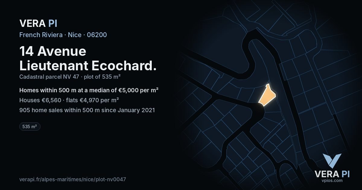 14 Avenue Lieutenant Ecochard, Nice at night – the plot lit, the parcels around coloured by the prices near them