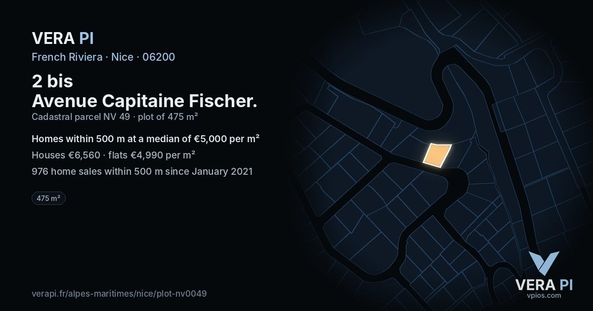 2 bis Avenue Capitaine Fischer, Nice at night – the plot lit, the parcels around coloured by the prices near them