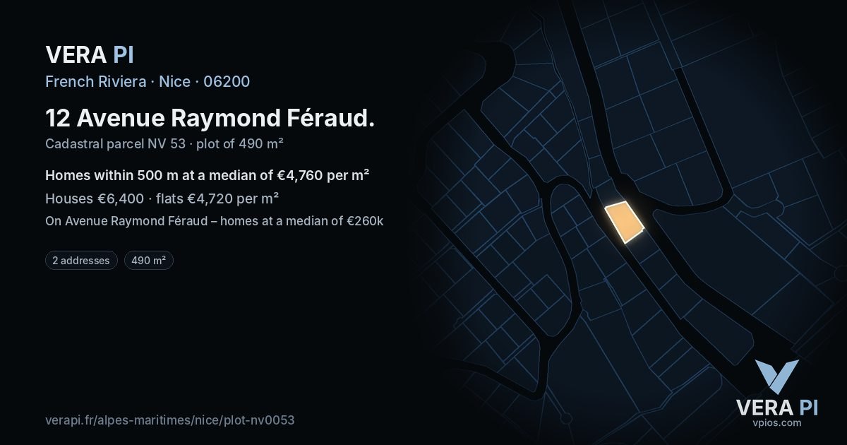 12 Avenue Raymond Féraud, Nice at night – the plot lit, the parcels around coloured by the prices near them