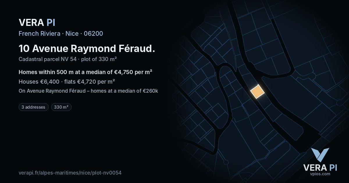 10 Avenue Raymond Féraud, Nice at night – the plot lit, the parcels around coloured by the prices near them