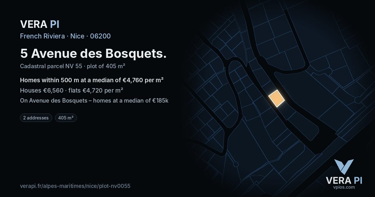 5 Avenue des Bosquets, Nice at night – the plot lit, the parcels around coloured by the prices near them