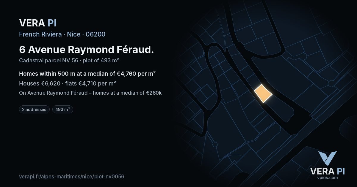 6 Avenue Raymond Féraud, Nice at night – the plot lit, the parcels around coloured by the prices near them