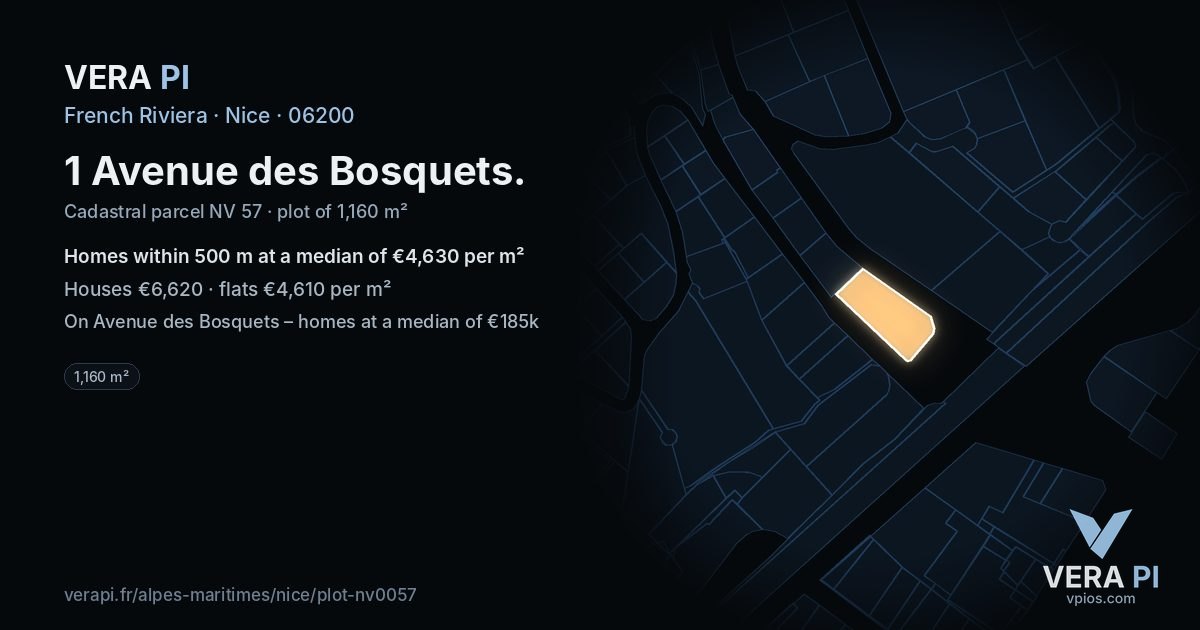 1 Avenue des Bosquets, Nice at night – the plot lit, the parcels around coloured by the prices near them