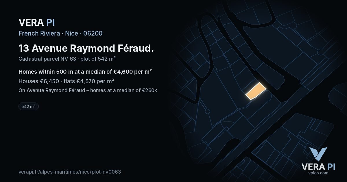 13 Avenue Raymond Féraud, Nice at night – the plot lit, the parcels around coloured by the prices near them