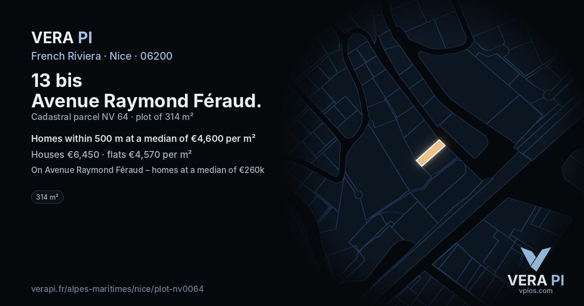 13 bis Avenue Raymond Féraud, Nice at night – the plot lit, the parcels around coloured by the prices near them