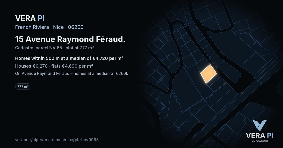 15 Avenue Raymond Féraud, Nice at night – the plot lit, the parcels around coloured by the prices near them