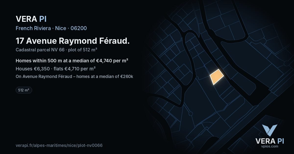 17 Avenue Raymond Féraud, Nice at night – the plot lit, the parcels around coloured by the prices near them