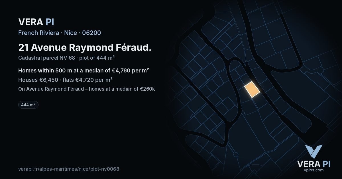 21 Avenue Raymond Féraud, Nice at night – the plot lit, the parcels around coloured by the prices near them