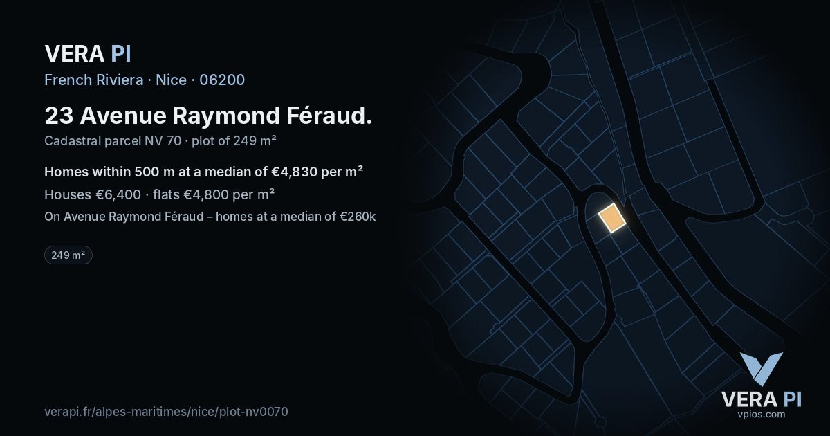 23 Avenue Raymond Féraud, Nice at night – the plot lit, the parcels around coloured by the prices near them