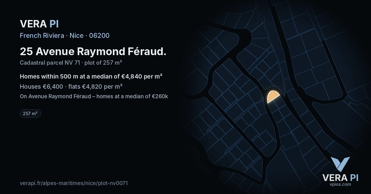 25 Avenue Raymond Féraud, Nice at night – the plot lit, the parcels around coloured by the prices near them