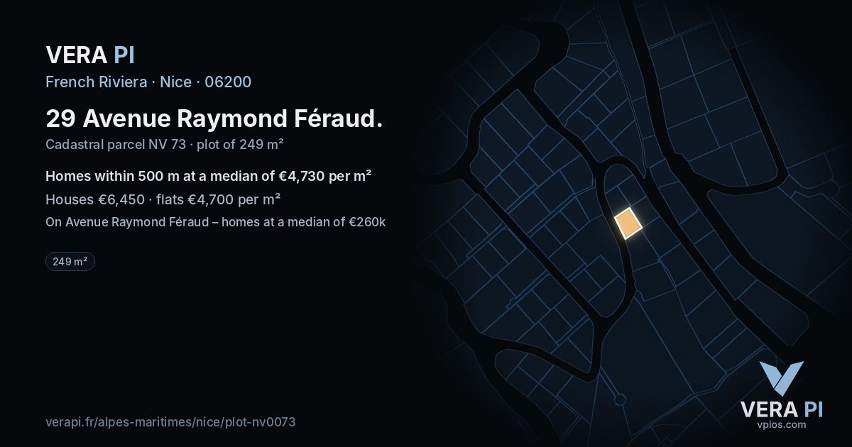 29 Avenue Raymond Féraud, Nice at night – the plot lit, the parcels around coloured by the prices near them