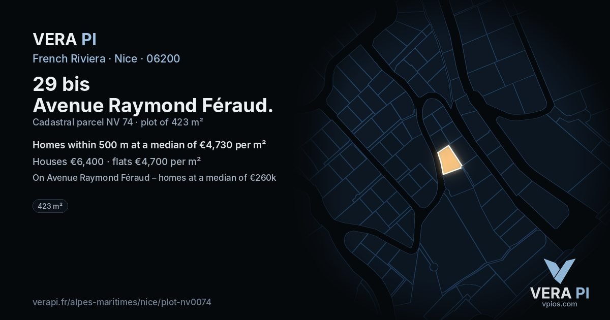 29 bis Avenue Raymond Féraud, Nice at night – the plot lit, the parcels around coloured by the prices near them