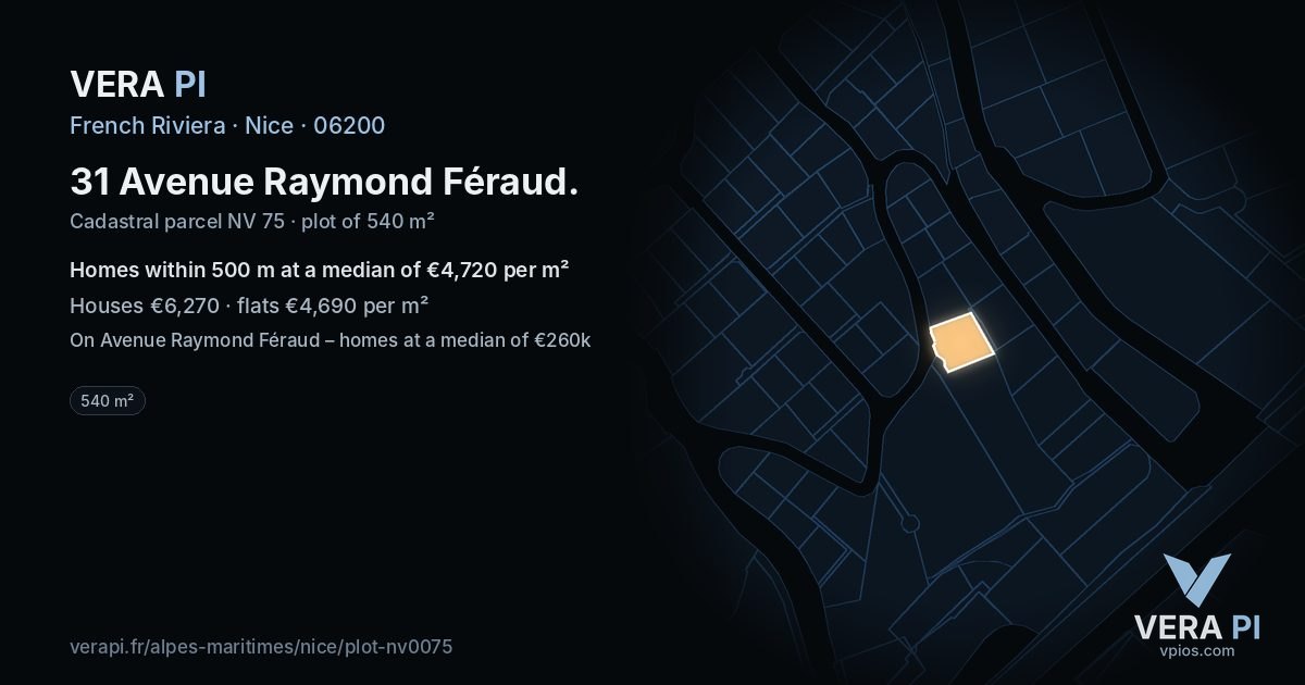 31 Avenue Raymond Féraud, Nice at night – the plot lit, the parcels around coloured by the prices near them
