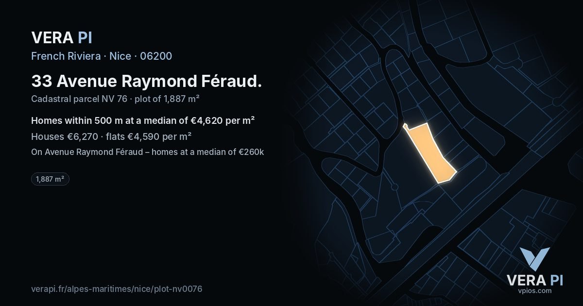 33 Avenue Raymond Féraud, Nice at night – the plot lit, the parcels around coloured by the prices near them