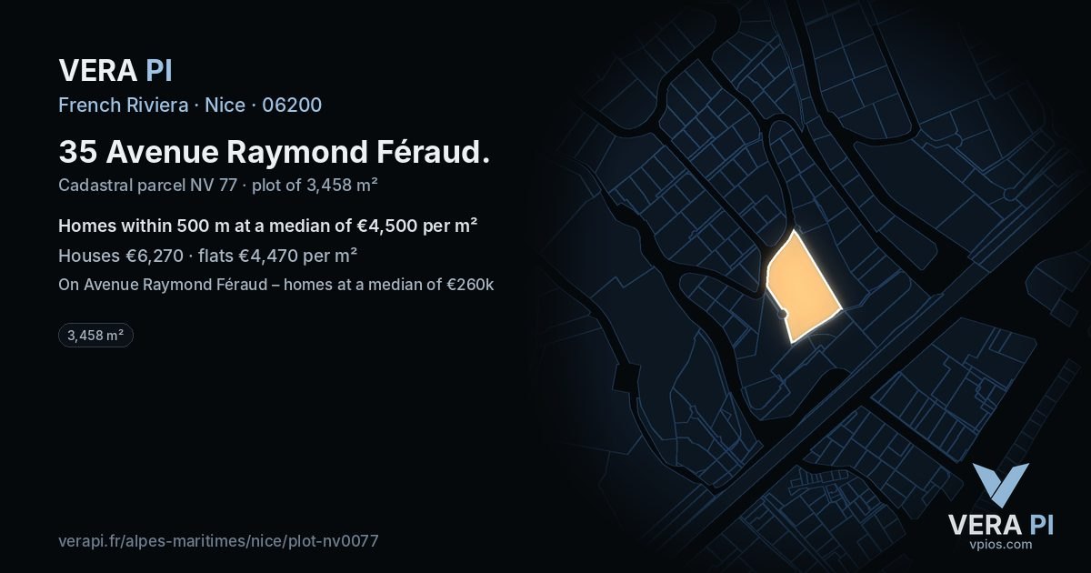 35 Avenue Raymond Féraud, Nice at night – the plot lit, the parcels around coloured by the prices near them