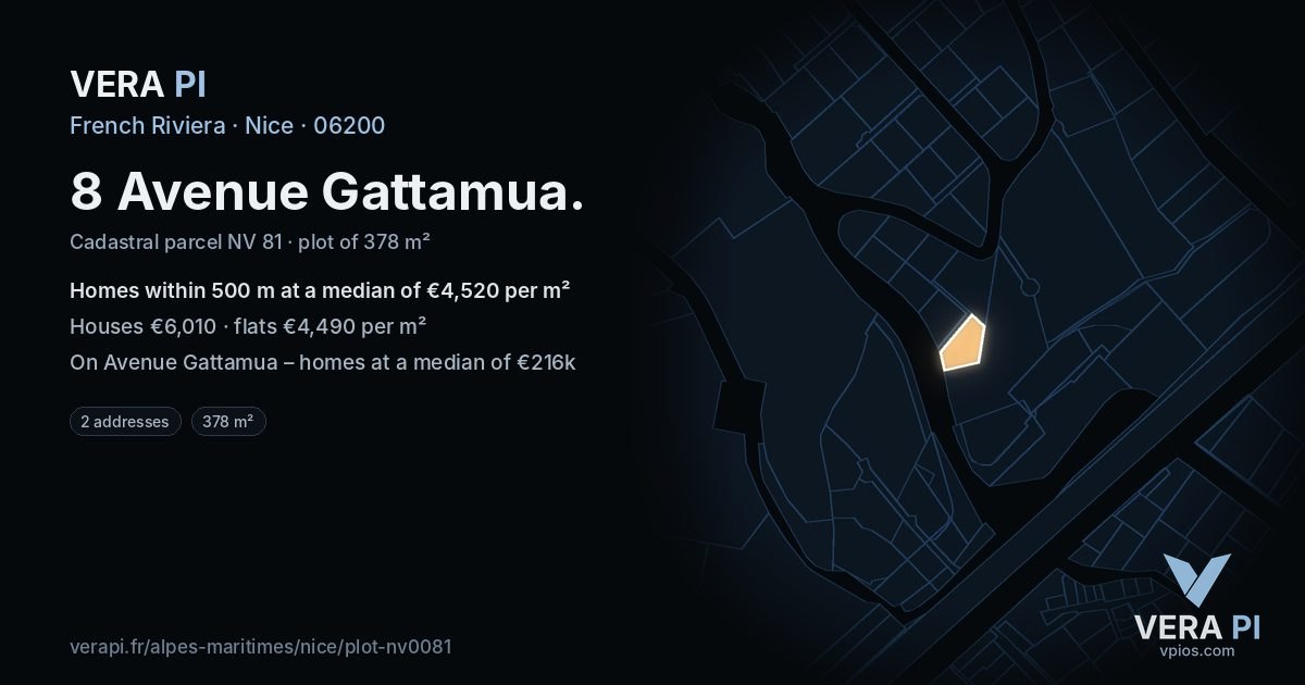 8 Avenue Gattamua, Nice at night – the plot lit, the parcels around coloured by the prices near them