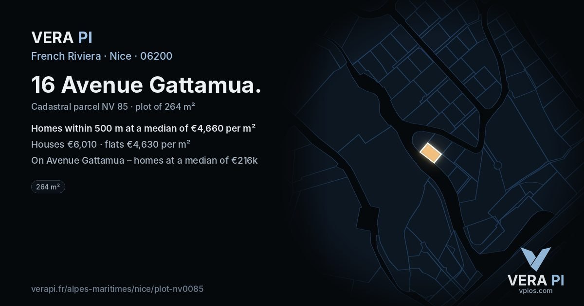 16 Avenue Gattamua, Nice at night – the plot lit, the parcels around coloured by the prices near them